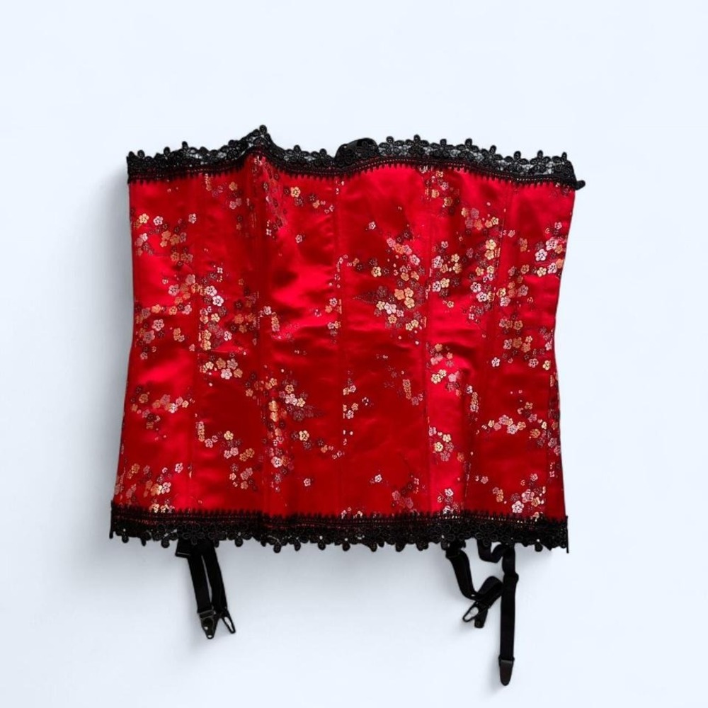 Red satin corset with black lace trim by Sensual Mystique size XXL